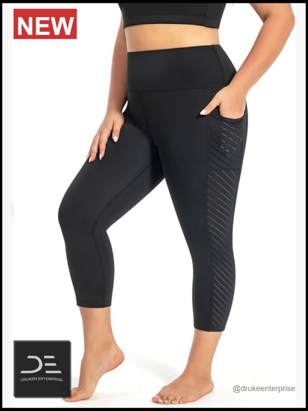 Plus Size Capri Leggings with Pockets High Waist Tummy Control Mesh Yoga Pants